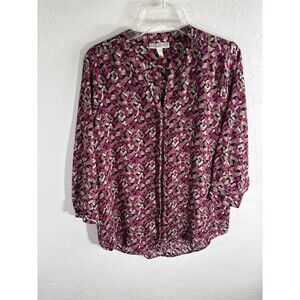 Dana Buchman Womens Medium  Pink Tan Black 3/4 Sleeve V- Neck Round Hem Blouse